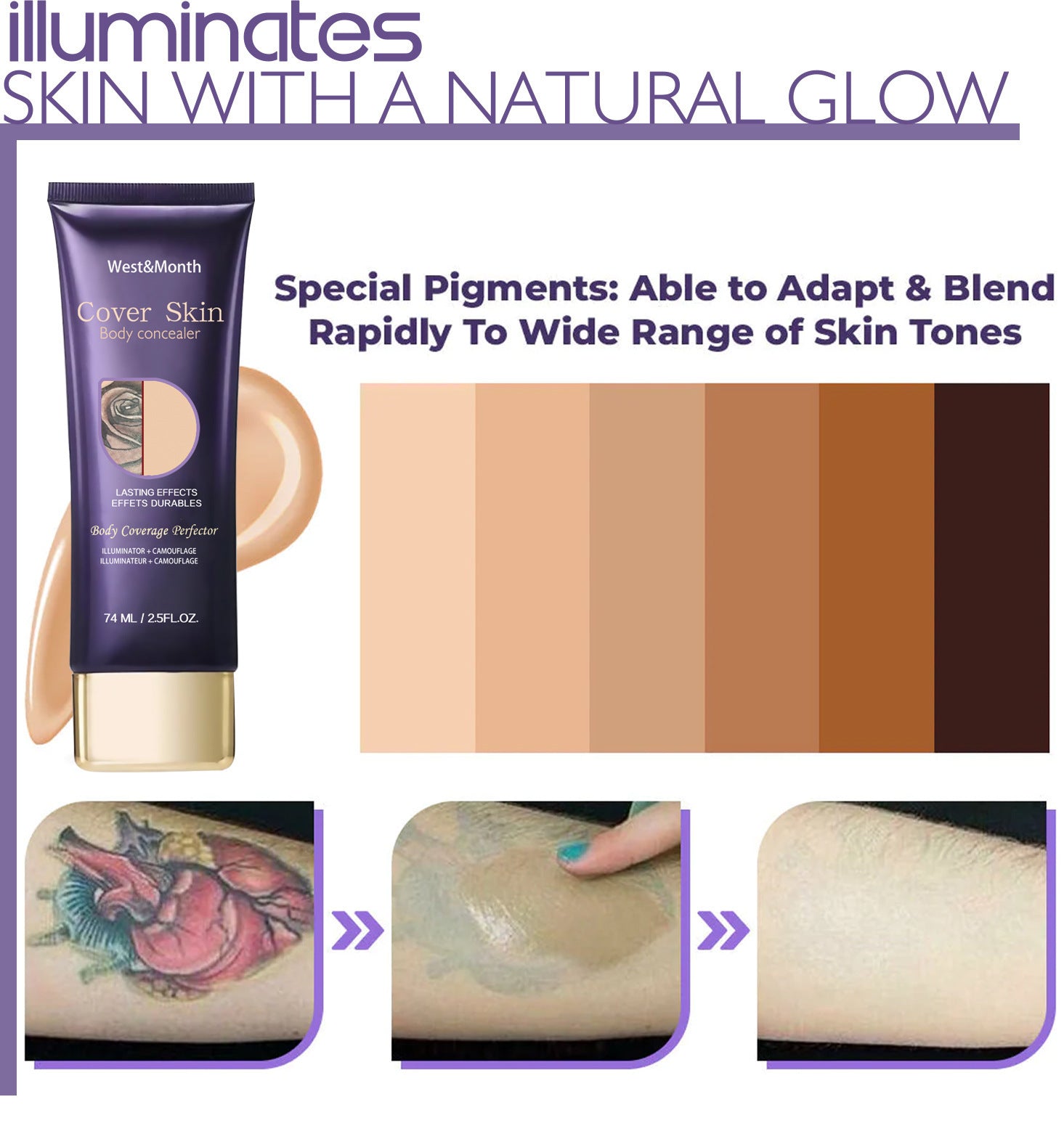 Waterproof Body Concealer for Tattoos and Scar Coverage 74ml - West & Month Tattoo Magic body concealer waterproof