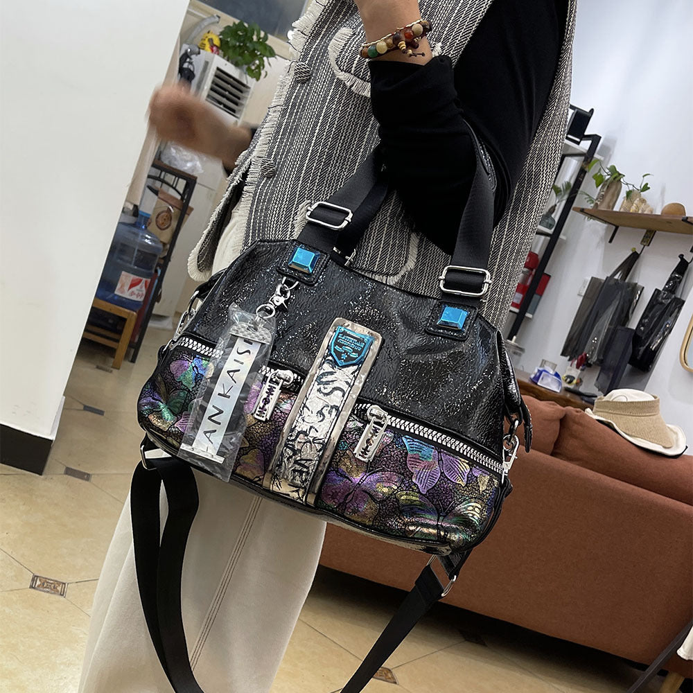 Western Style Soft Leather Crossbody Bag with Painted Print and Portable Design - Teleplus painted print portable
