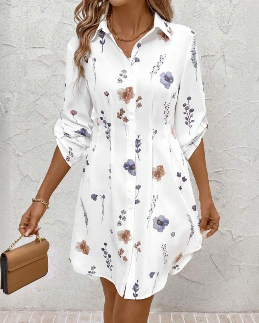 White and Pink Floral Polyester Dress for Casual Commuting - Teleplus Wear