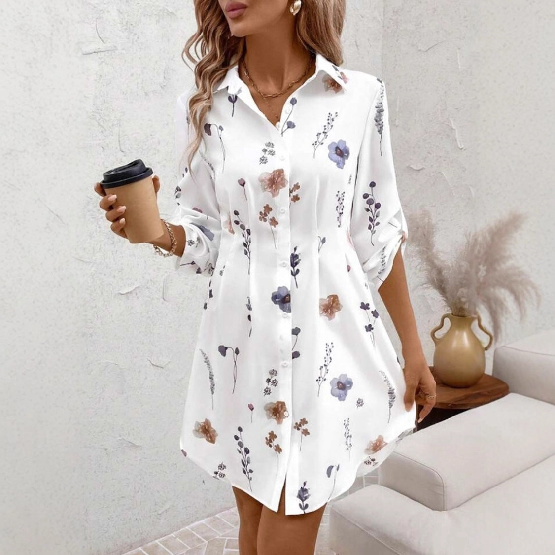 White and Pink Floral Polyester Dress for Casual Commuting - Teleplus Wear
