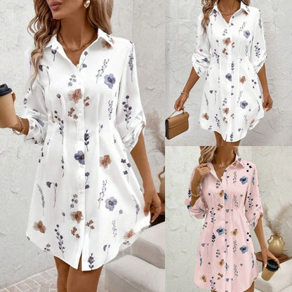 White and Pink Floral Polyester Dress for Casual Commuting - Teleplus Wear