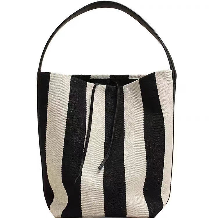White Contrast Color Wide Shoulder Striped Canvas Bag with Zipper Pocket - Teleplus white contrast color wide shoulder