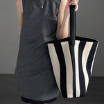 White Contrast Color Wide Shoulder Striped Canvas Bag with Zipper Pocket - Teleplus white contrast color wide shoulder