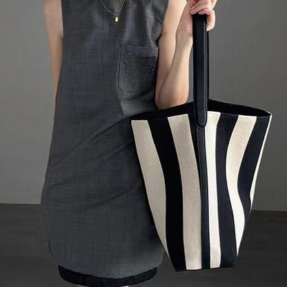 White Contrast Color Wide Shoulder Striped Canvas Bag with Zipper Pocket - Teleplus white contrast color wide shoulder