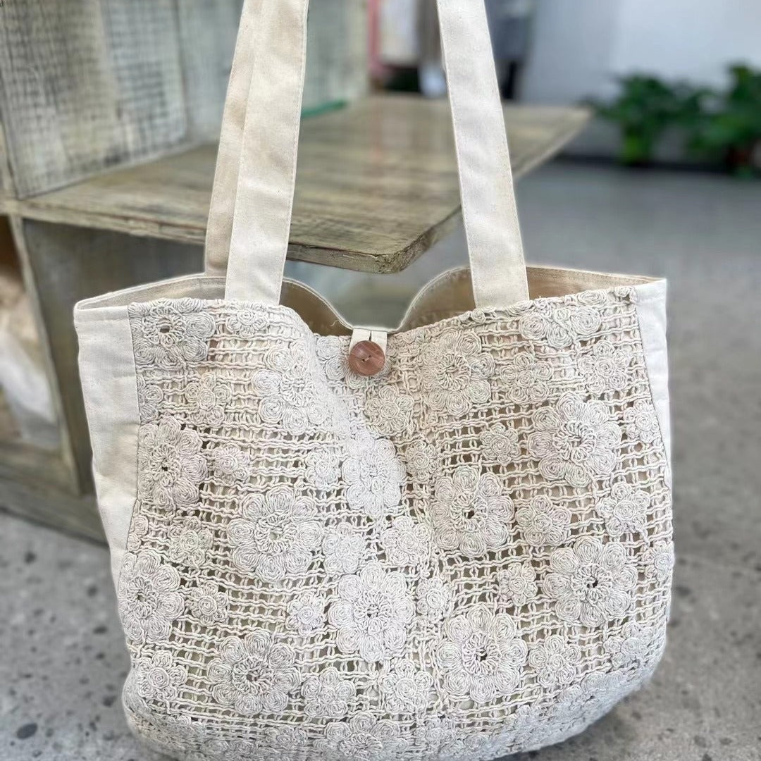 White Cotton Urban Crossbody Bag with Summer Jacquard Button Detail - Teleplus summer jacquard button crossbody bag