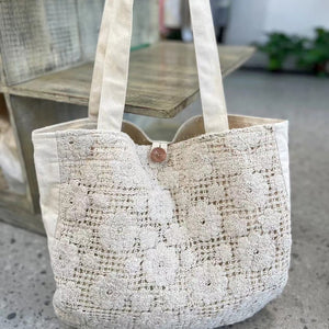 White Cotton Urban Crossbody Bag with Summer Jacquard Button Detail - Teleplus summer jacquard button crossbody bag