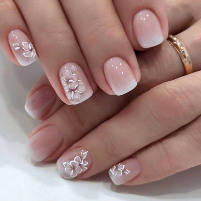 White Flower Gentle Gradient Fairy Fashion Fake Nails for Elegant Look - Teleplus white flower gentle gradient fairy