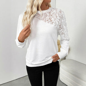 White Solid Color Loose Pullover Sweater with Three Dimensional Flower Design - Teleplus solid color