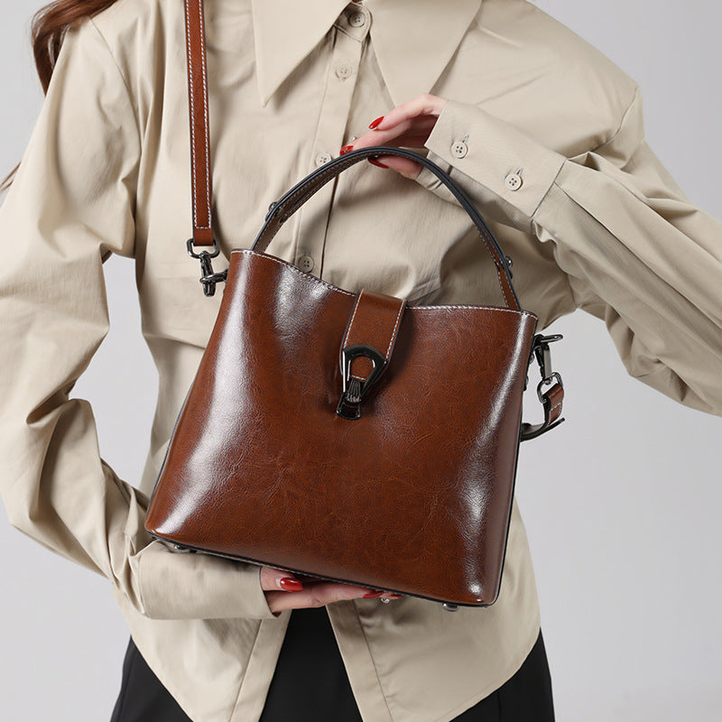 Winter Bucket Bag Shoulder Messenger with Leather and Polyester Cotton Lining - winter bucket bag shoulder messenger