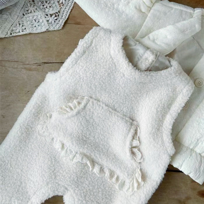 Winter Fleece-lined Infant Western Style Soft Thick Lambswool Lace Large Pockets Sleeveless Romper Jumpsuit - Snuggle