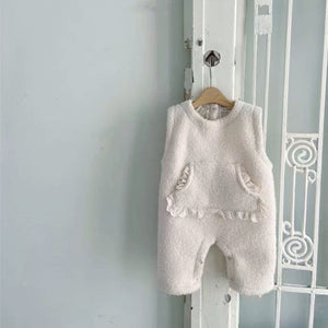 Winter Fleece-lined Infant Western Style Soft Thick Lambswool Lace Large Pockets Sleeveless Romper Jumpsuit - Snuggle