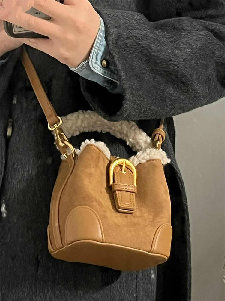 Winter Lamb Wool Mini Bucket Bag with Magnetic Closure and Adjustable Strap - Teleplus winter lamb wool mini bucket