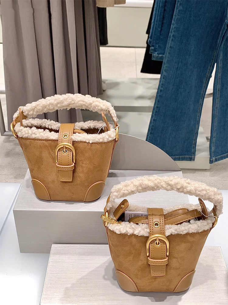 Winter Lamb Wool Mini Bucket Bag with Magnetic Closure and Adjustable Strap - Teleplus winter lamb wool mini bucket