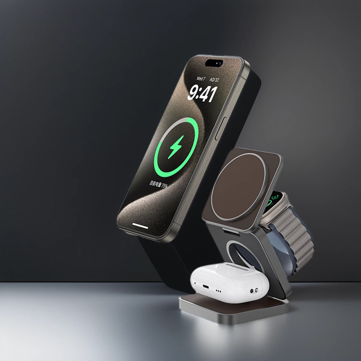 Wireless Charger with Magnetic Folding Bracket and Leather Style Design - for Couch Potatoes magnetic folding bracket