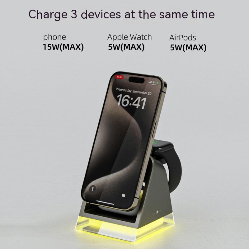 Wireless Charger with Small Night Lamp and Watch Headset in Black - Three-in-One small night lamp wireless charger
