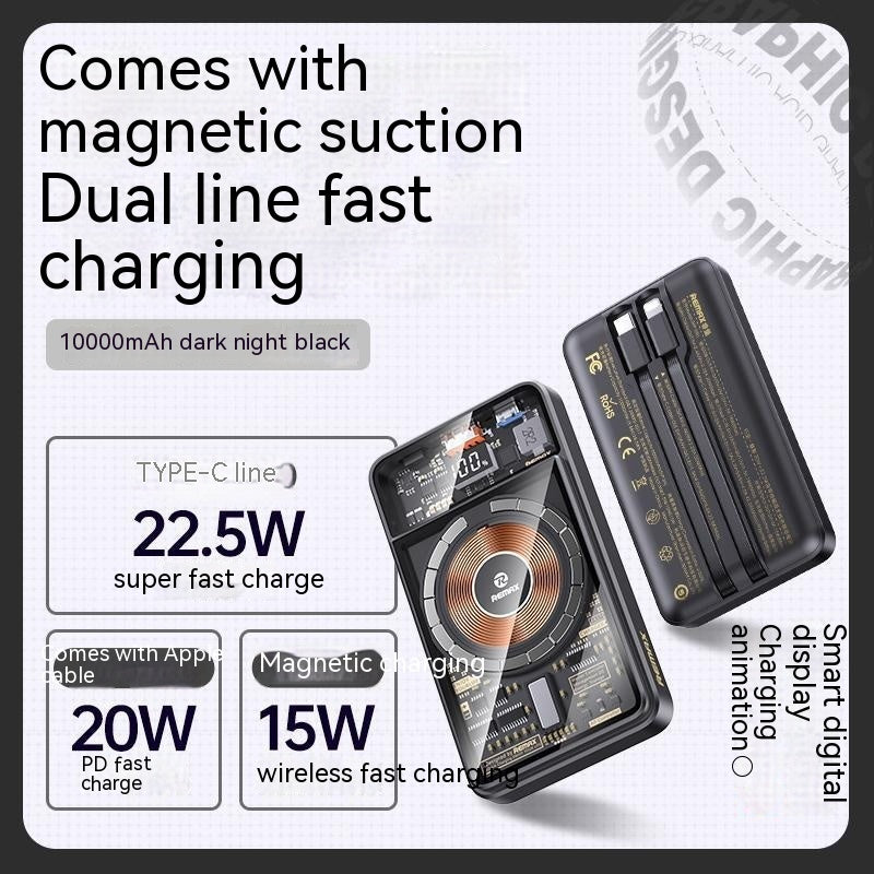 With Cable Magnetic Suction Wireless Charger Large Capacity Portable Power - Large Capacity Wireless Fast Charge