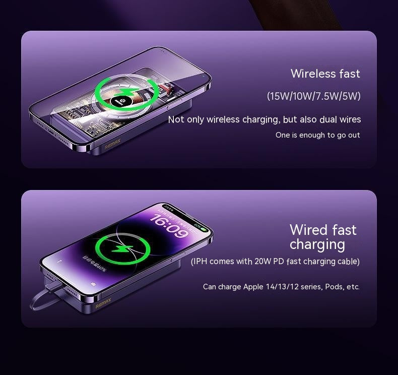 With Cable Magnetic Suction Wireless Charger Large Capacity Portable Power - Large Capacity Wireless Fast Charge