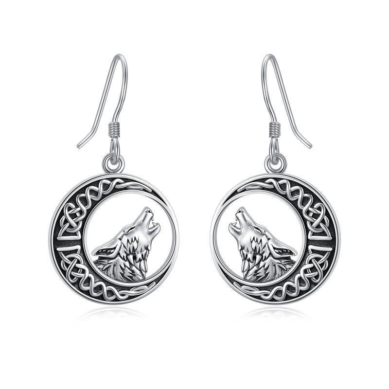 Wolf Celtic Moon Dangle Drop Earrings in Sterling Silver - Wail with Style in Wolf Celtic Knot Moon Earrings