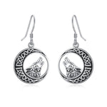 Wolf Celtic Moon Dangle Drop Earrings in Sterling Silver - Wail with Style in Wolf Celtic Knot Moon Earrings