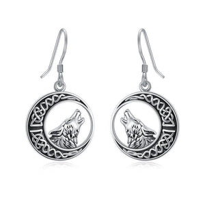 Wolf Celtic Moon Dangle Drop Earrings in Sterling Silver - Wail with Style in Wolf Celtic Knot Moon Earrings