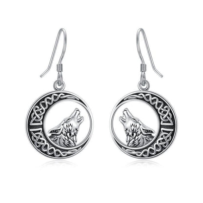 Wolf Celtic Moon Dangle Drop Earrings in Sterling Silver - Wail with Style in Wolf Celtic Knot Moon Earrings