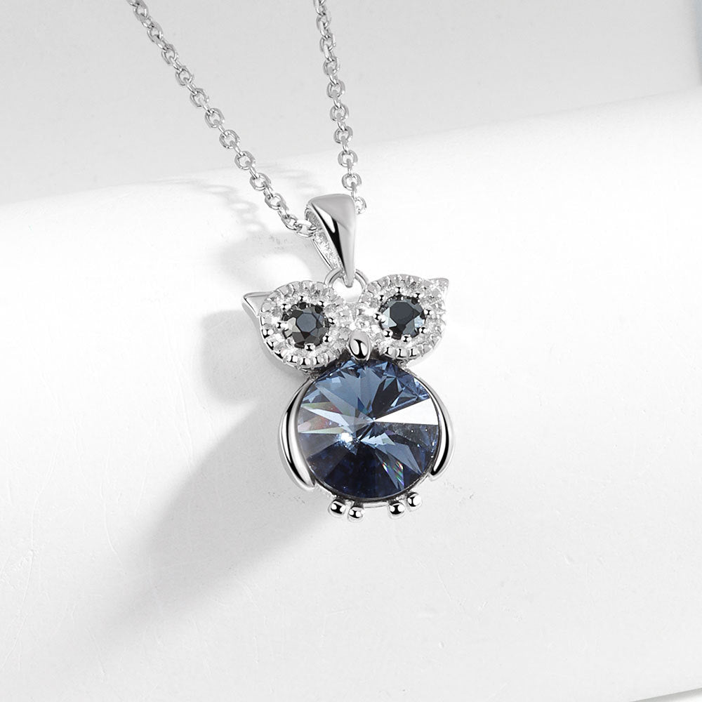 Womens Crystal Owl Pendant Clavicle Chain in Silver 925 Electroplated - Necklace womens crystal owl clavicle chain