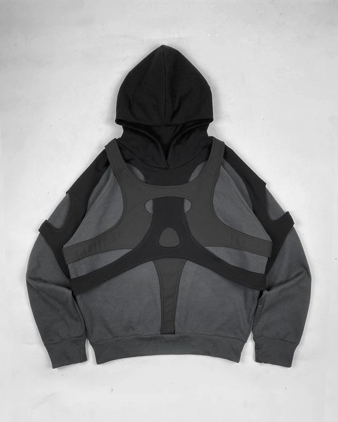 Gray and black hooded sweatshirt with straps from Womens Geometric Pattern Loose Fit Dark Gray Polyester Shirt collection