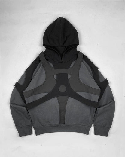Gray and black hooded sweatshirt with straps from Womens Geometric Pattern Loose Fit Dark Gray Polyester Shirt collection