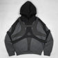 Dark gray polyester hoodie with black harness detail, loose fit women’s geometric pattern shirt