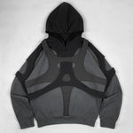 Dark gray polyester hoodie with black harness detail, loose fit women’s geometric pattern shirt