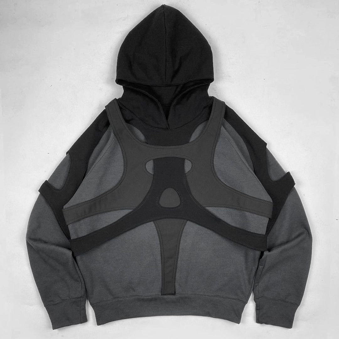 Dark gray polyester hoodie with black harness detail, loose fit women’s geometric pattern shirt