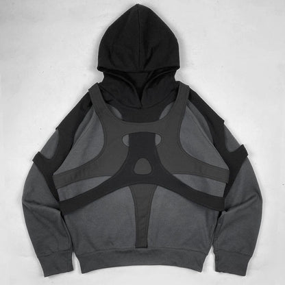 Dark gray polyester hoodie with black harness detail, loose fit women’s geometric pattern shirt