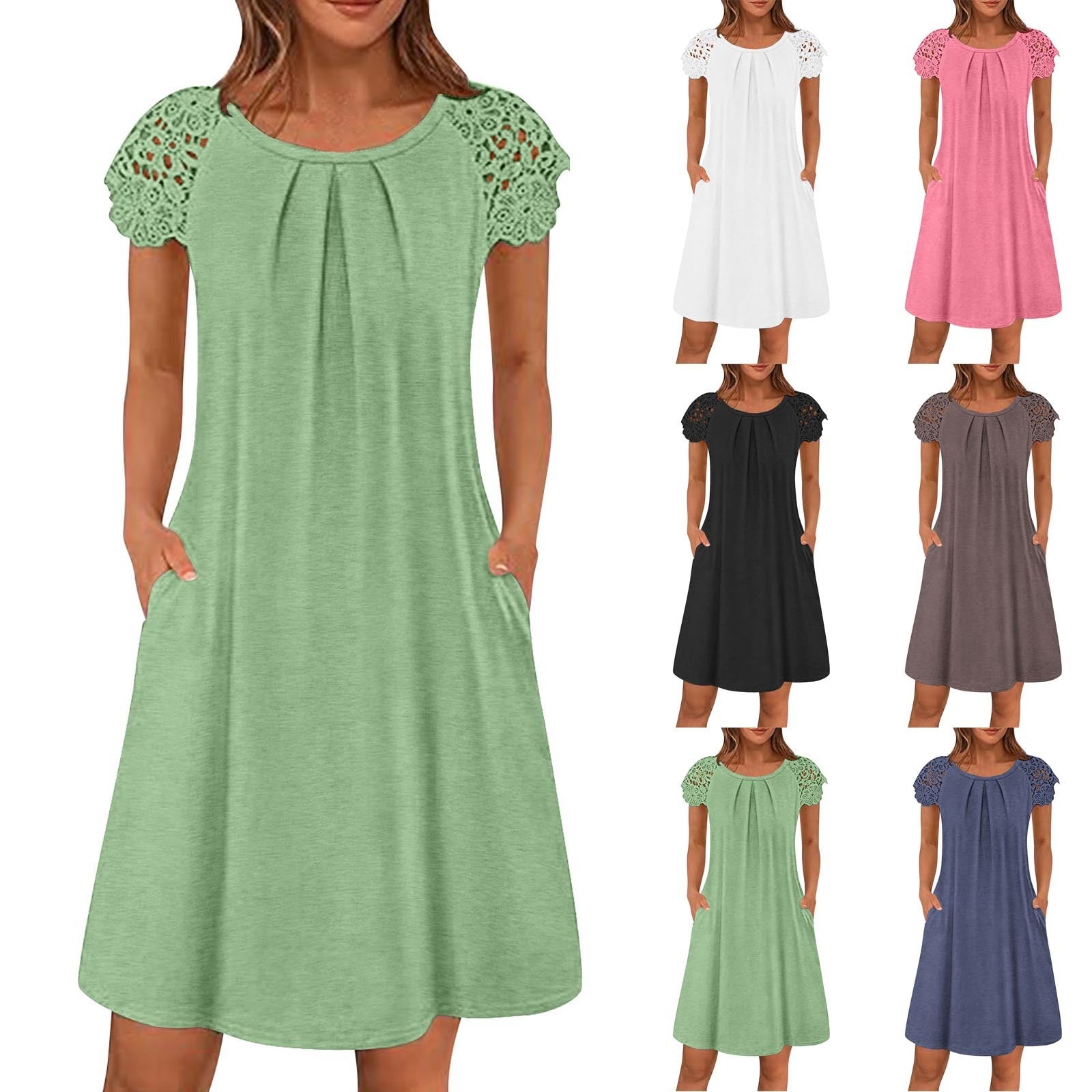 Womens Lace Waist Dress Short Sleeve Summer Skirt Plus Size Polyester - Teleplus