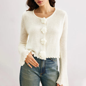 Women’s Petal Sleeve Pullover Long Acrylic Sweater White S-XL - Teleplus Womens pullover sleeve