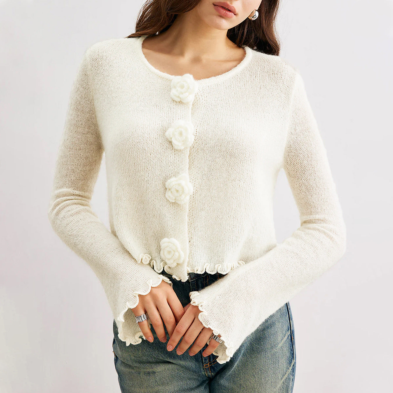 Women’s Petal Sleeve Pullover Long Acrylic Sweater White S-XL - Teleplus Womens pullover sleeve