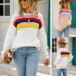 Womens Plaid Striped Khaki White Slim Fit Pullover Sweater Acrylic Long Sleeve - Teleplus