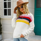 Womens Plaid Striped Khaki White Slim Fit Pullover Sweater Acrylic Long Sleeve - Teleplus