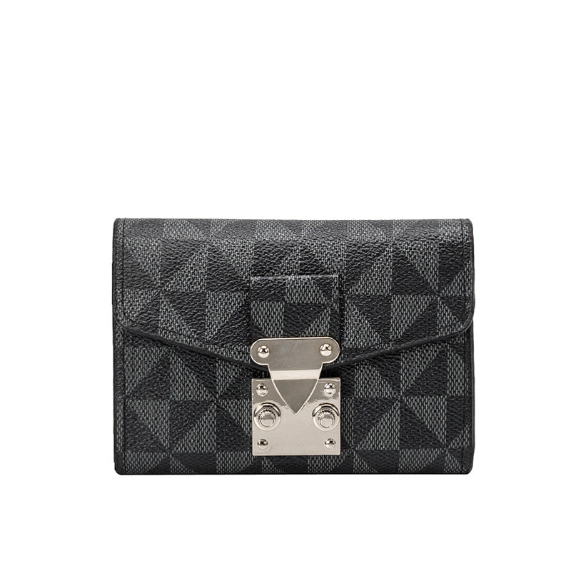 Women’s PVC Closing Buckle Wallet with Geometric Pattern in Black Off White Coffee - Chic Wallet: Style That Locks Up