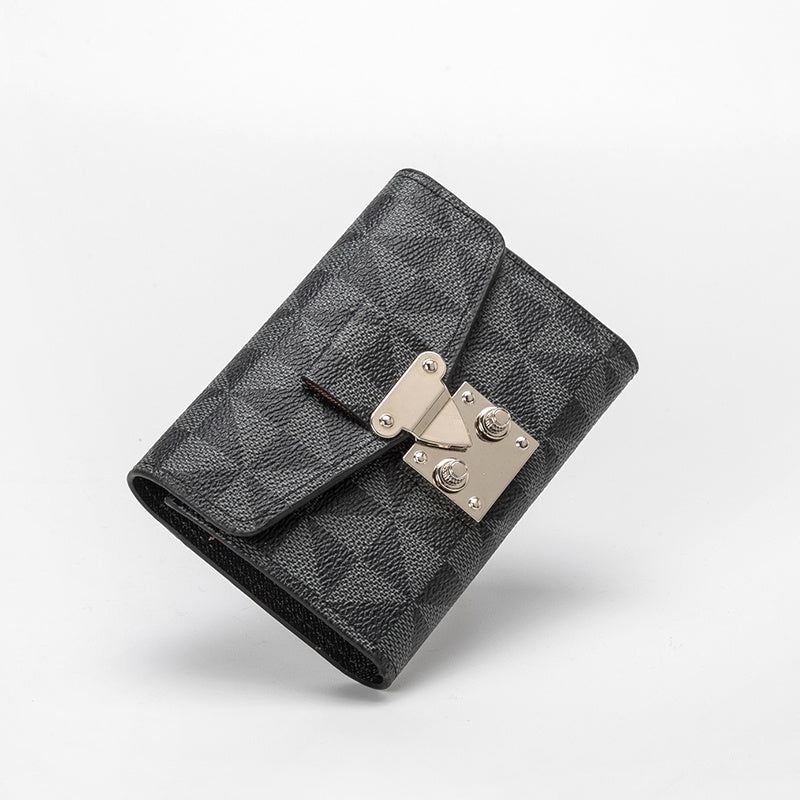 Women’s PVC Closing Buckle Wallet with Geometric Pattern in Black Off White Coffee - Chic Wallet: Style That Locks Up