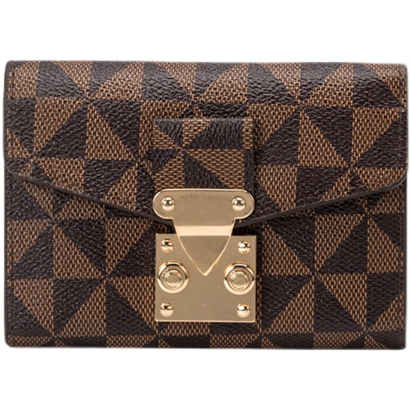 Women’s PVC Closing Buckle Wallet with Geometric Pattern in Black Off White Coffee - Chic Wallet: Style That Locks Up