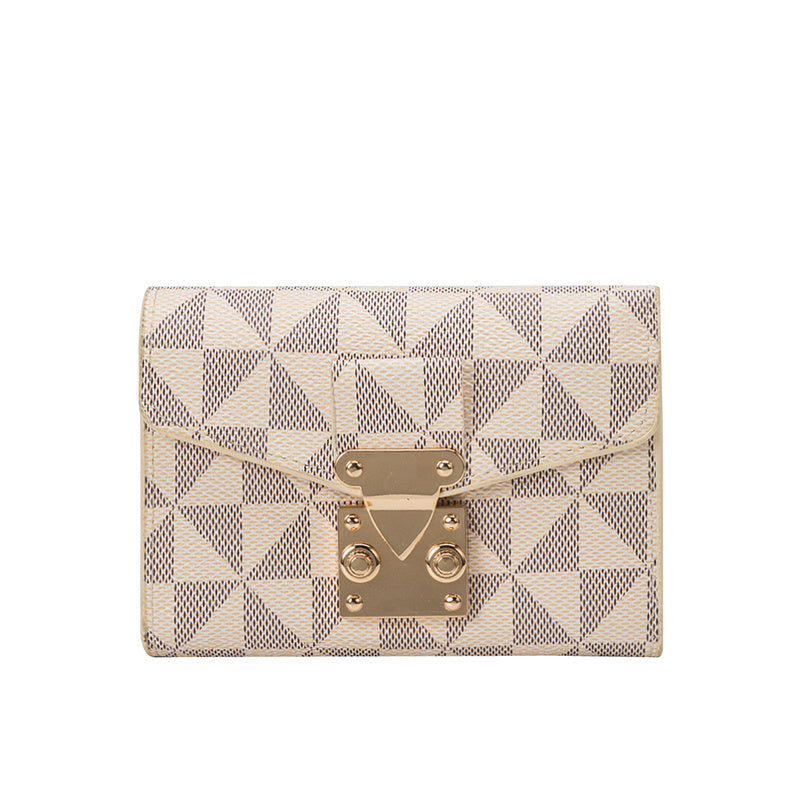 Women’s PVC Closing Buckle Wallet with Geometric Pattern in Black Off White Coffee - Chic Wallet: Style That Locks Up
