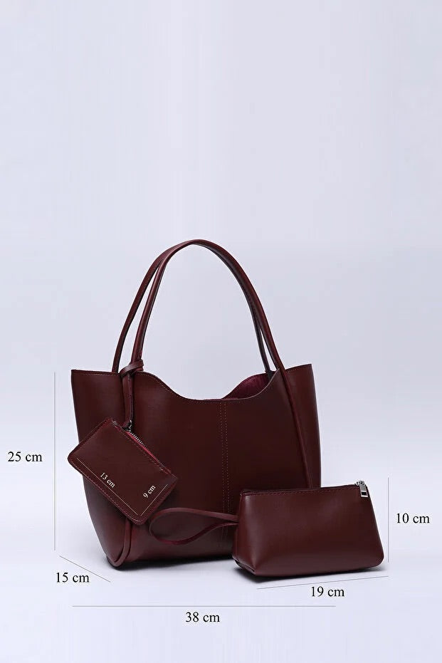 Burgundy SHK108 faux leather women hand and shoulder bag with wallet and makeup bag