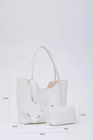 White SHK108 faux leather women hand and shoulder bag with wallet and makeup bag