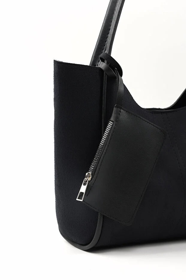 Black suede SHK108 women hand and shoulder bag with wallet and makeup bag