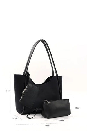 Black suede SHK108 women hand and shoulder bag with wallet and makeup bag
