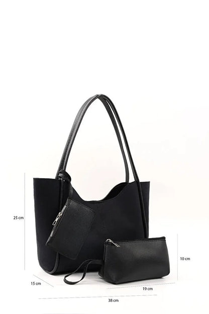 Black suede SHK108 women hand and shoulder bag with wallet and makeup bag