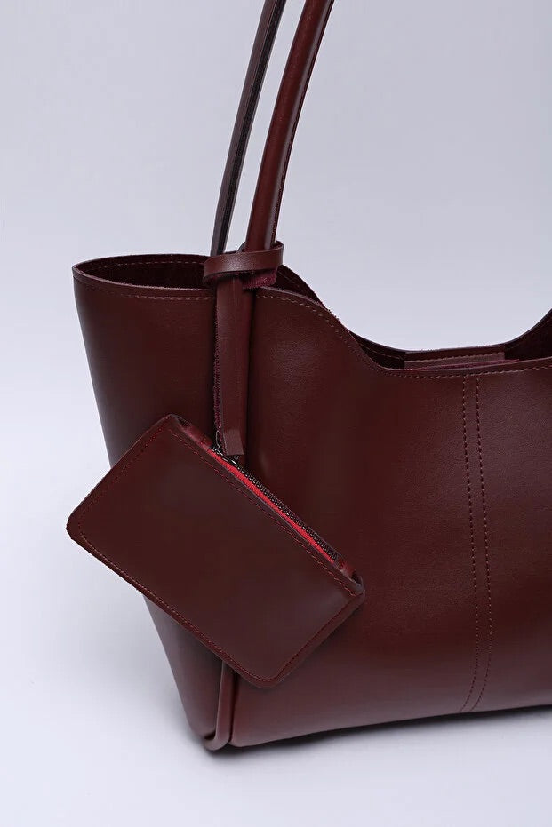 Burgundy SHK108 faux leather women hand and shoulder bag with wallet and makeup bag