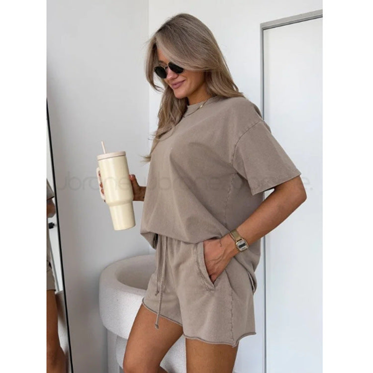 Women’s Sleeveless Polyester Shorts Set in Gray Chocolate Apricot - Teleplus Casual Wear