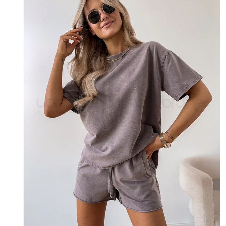 Women’s Sleeveless Polyester Shorts Set in Gray Chocolate Apricot - Teleplus Casual Wear