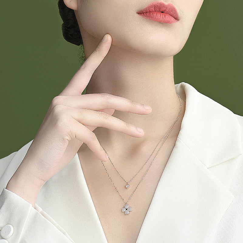 Silver O-ring Chain Necklace with Leaves Pendant in 40cm Plus Extension - Double-layer for Shiny Clover Style united